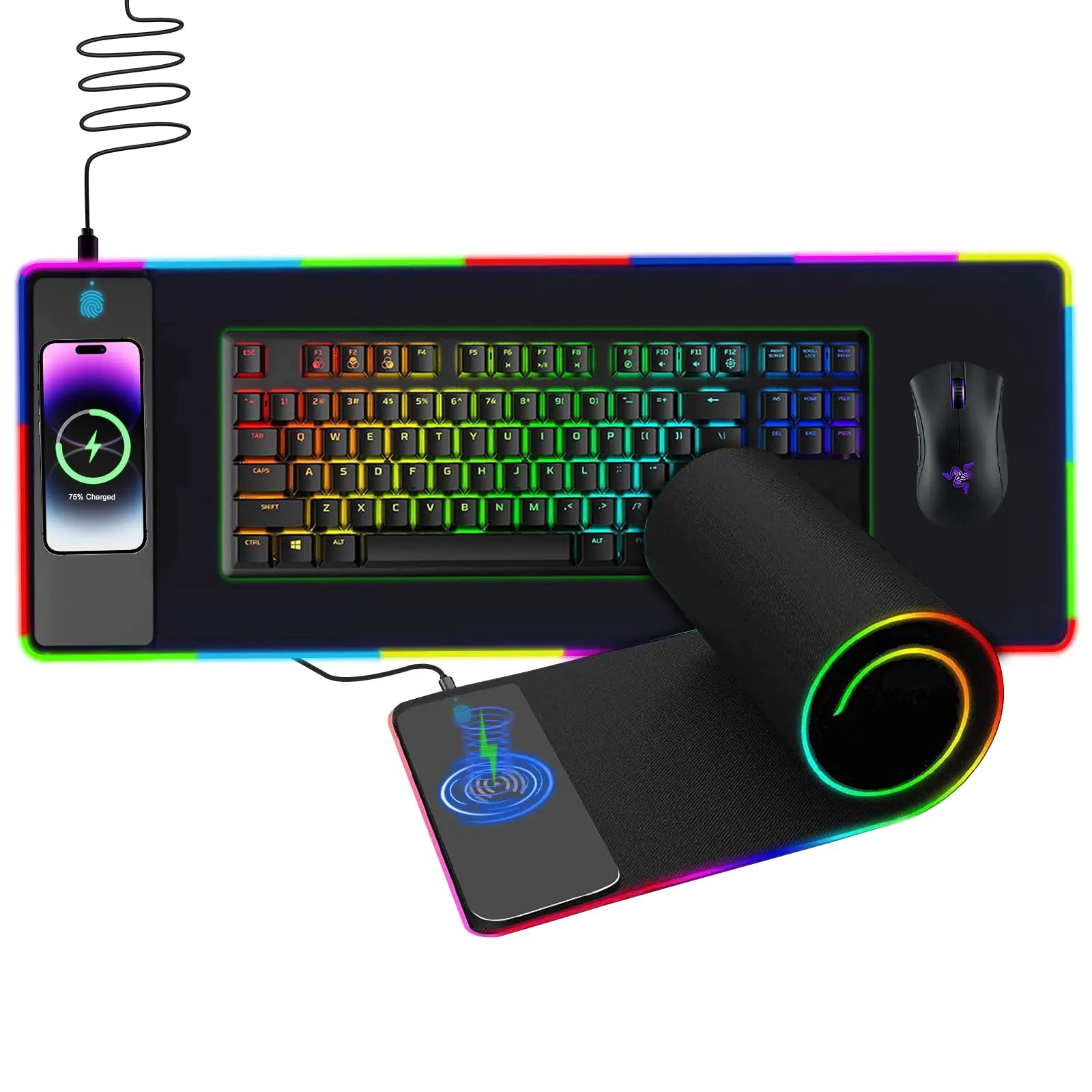 Wireless Charging RGB Mouse Pad - 12" x 35.5" Large Non-Slip Fast Wireless Charging Desk Mat with Gaming Mouse Pad 10 RGB Backlight Colors - Keyboard Mouse Pad Compatible with iPhone